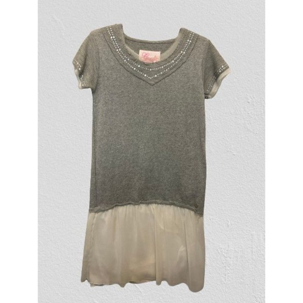 JAUDI Girls Dress Knitted Cotton Gray Crystals Crewneck Short Sleeve Size 14